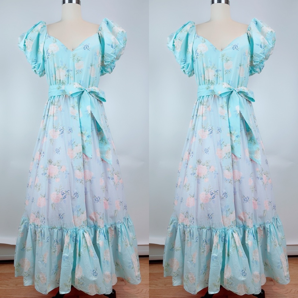 LoveShackFancy for Estelle Puff Sleeve Dress Blue Floral Cottage Size 12
